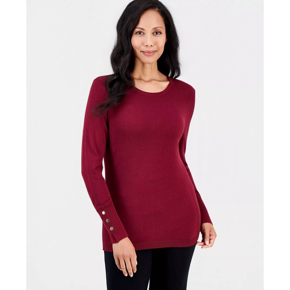 JM Collection Womens Button-Sleeve Crewneck Sweater XL Red Classic Office Casual